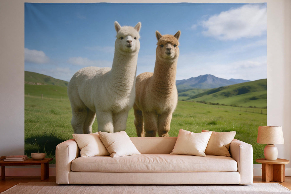 Wandtuch XXL Alpakas auf der Hochlandweide als Wanddeko im hellen Wohnzimmer über dem Sofa