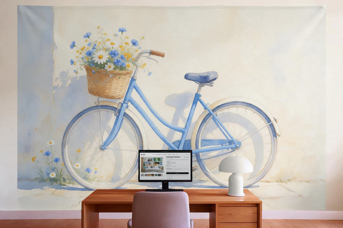 Wall decor in a home office behind the desk: printed fabric tapestry Old Bicycle with Flower Basket