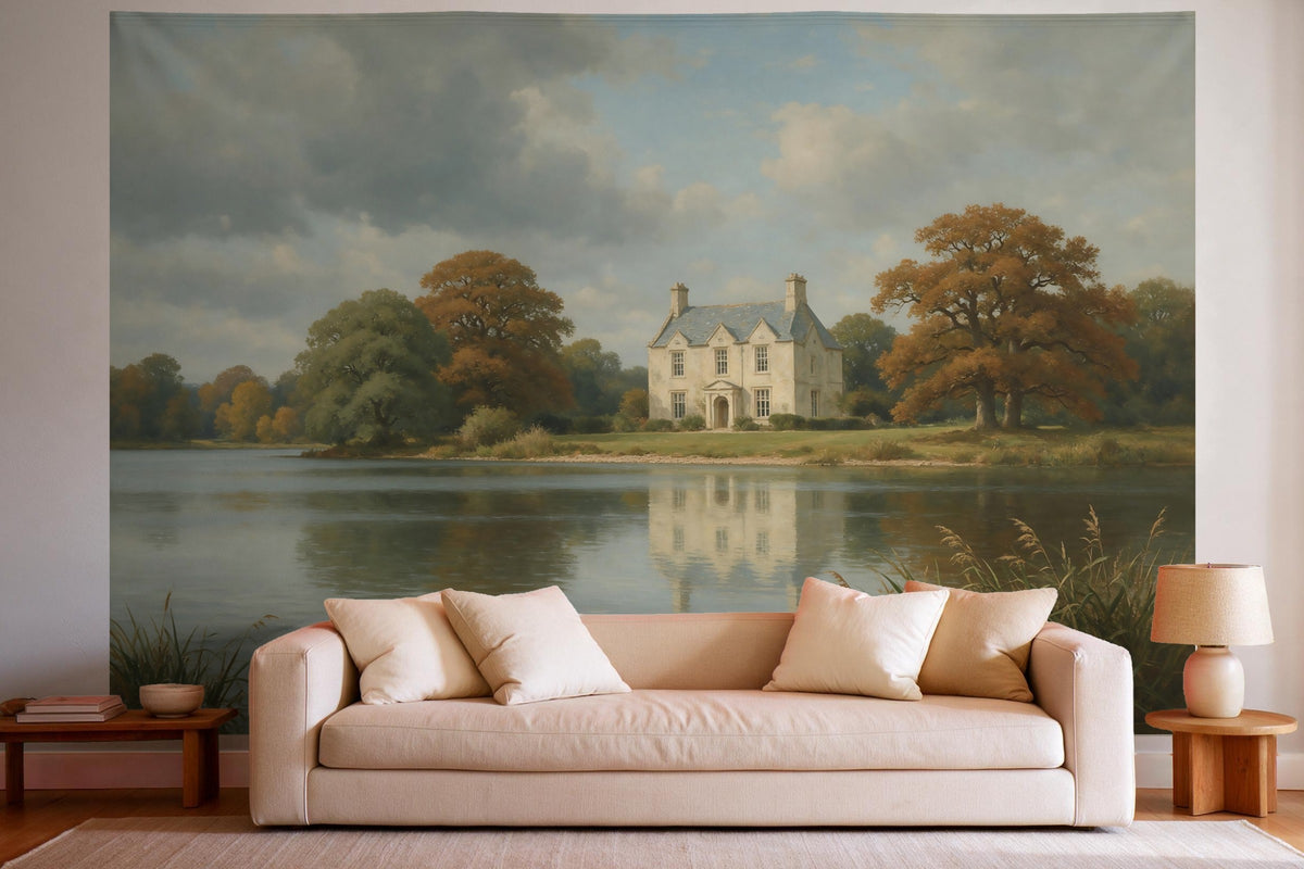 Wandtuch XXL Altes Landhaus am See als Wanddeko im hellen Wohnzimmer über dem Sofa