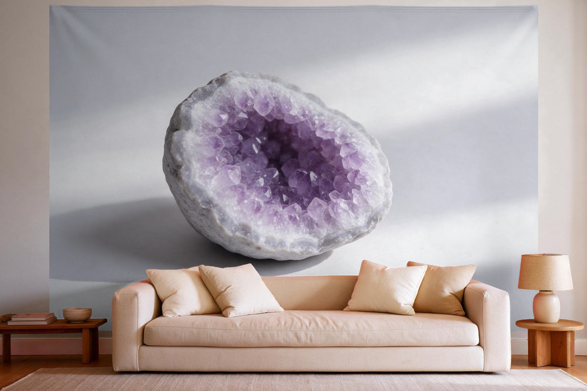 XXL wall tapestry Amethyst Geode Close-Up as wall decor in a bright living room above the sofa
