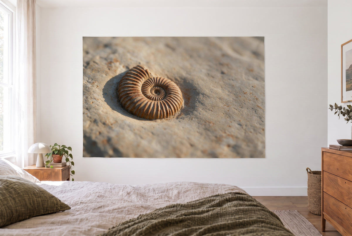 Wandtuch Ammonit-Fossil im Gestein im hellen Schlafzimmer gegenüber dem Bett, rechts eine Holzkommode – Beige und Braun