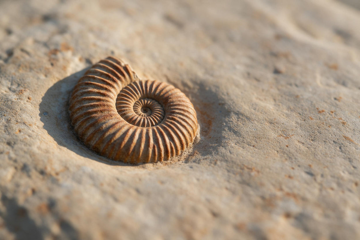 Ammonit mit feinen Rippen auf der Spiralschale links in hellem Kalkstein, als Wandtuch, auf Stoff gedruckt – Beige und Braun