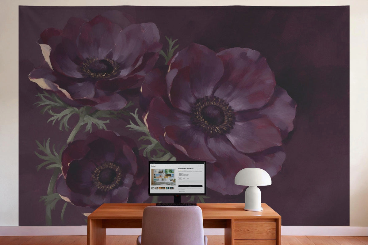 Wall decor in a home office behind the desk: printed fabric tapestry Anemones on a Dark Background