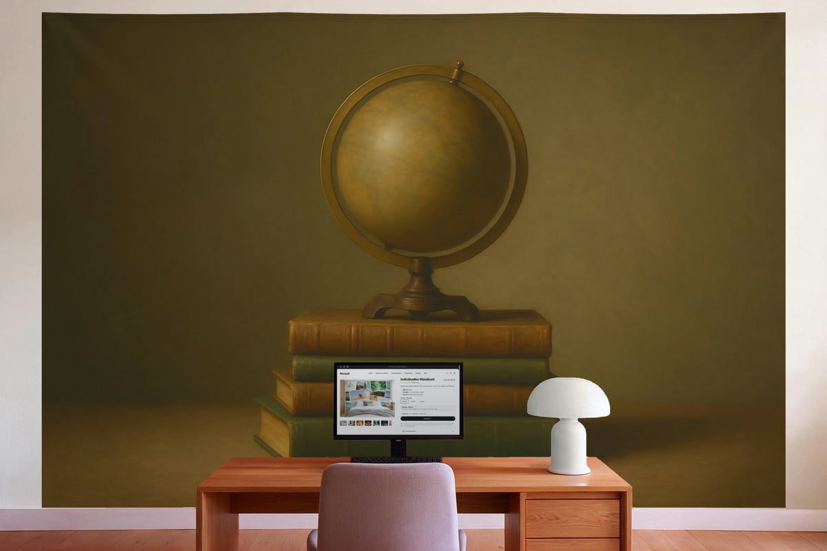 Wandtuch XXL Antiker Globus auf Bücherstapel als Wanddeko im Büro hinter dem Schreibtisch