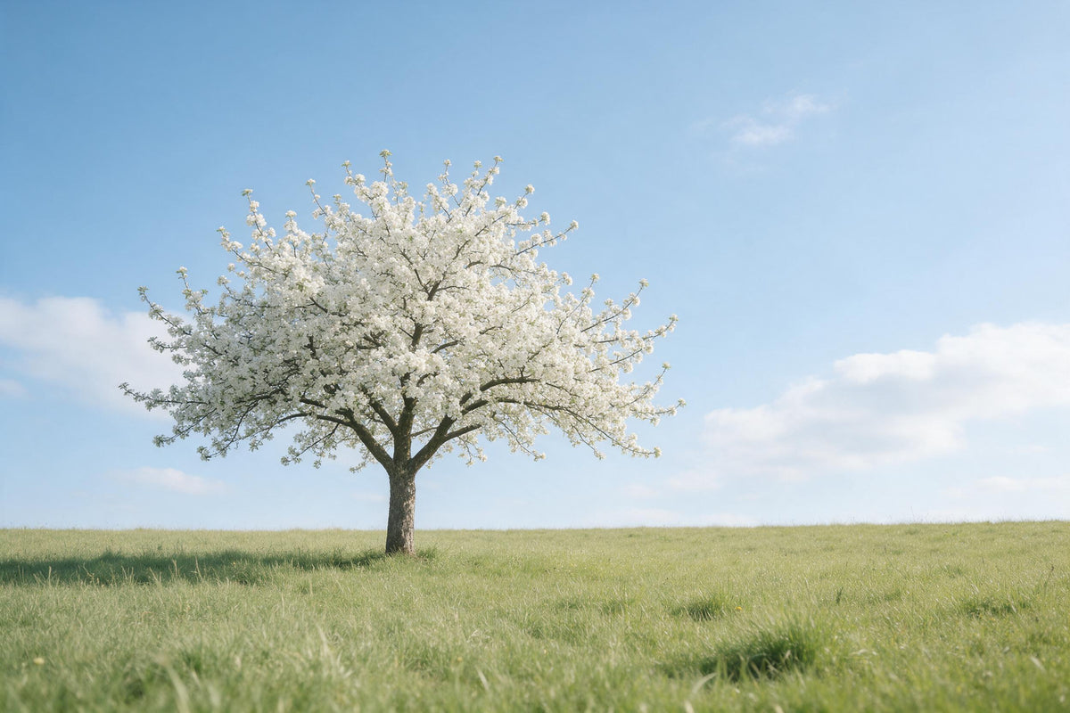 Apfelbaum in voller weisser Blüte auf grüner Wiese unter blauem Himmel, als Wandtuch, auf Stoff gedruckt – Weiss und Grün
