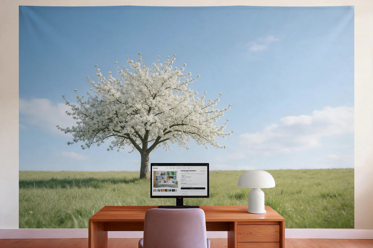 Wanddeko im Büro hinter dem Schreibtisch: Wandtuch Apfelbaum in voller Blüte, auf Stoff gedruckt