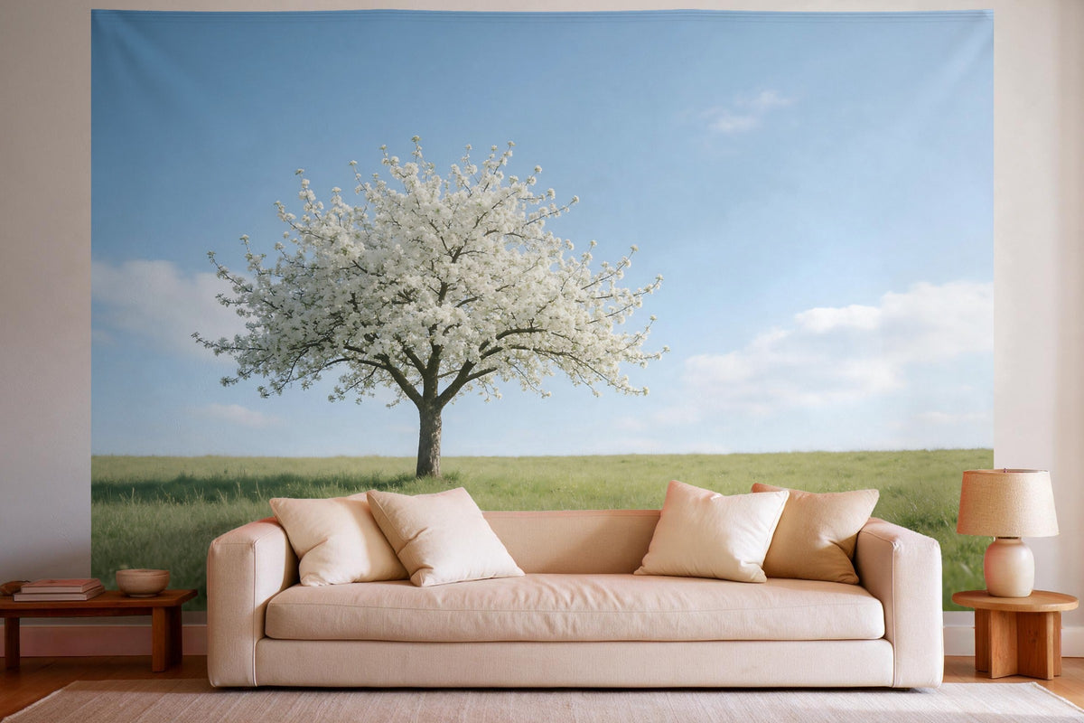 Wandtuch XXL Apfelbaum in voller Blüte als Wanddeko im hellen Wohnzimmer über dem Sofa