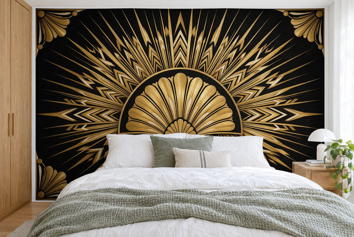 Bedruckter Stoff im XXL-Format: goldener Fächer mittig mit feinen Strahlen bis in die Ecken, wandfüllend hinter dem Bett