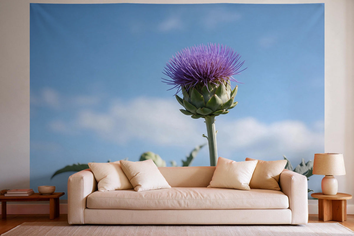 XXL wall tapestry Artichoke Flower Against a Summer Sky as wall decor in a bright living room above the sofa