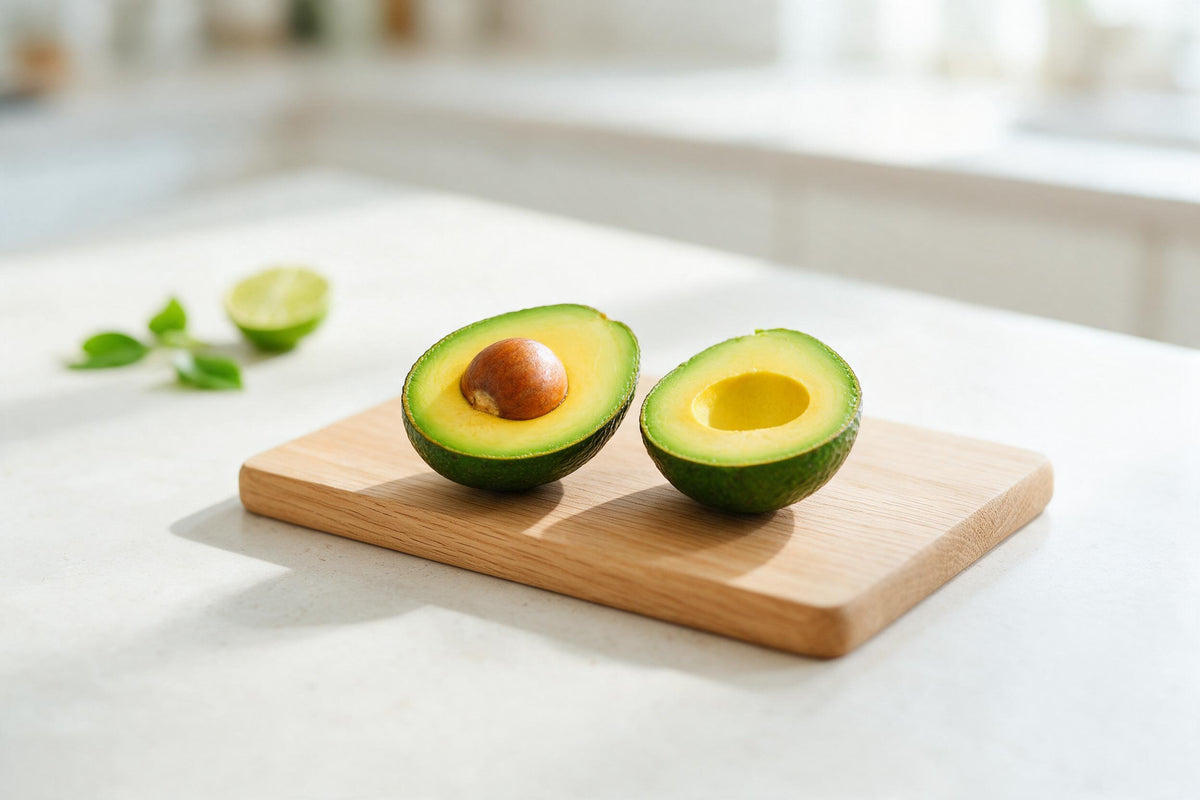 Dos mitades de aguacate cortadas con hueso sobre una tabla de roble claro, tapiz impreso en tela – verde y amarillo
