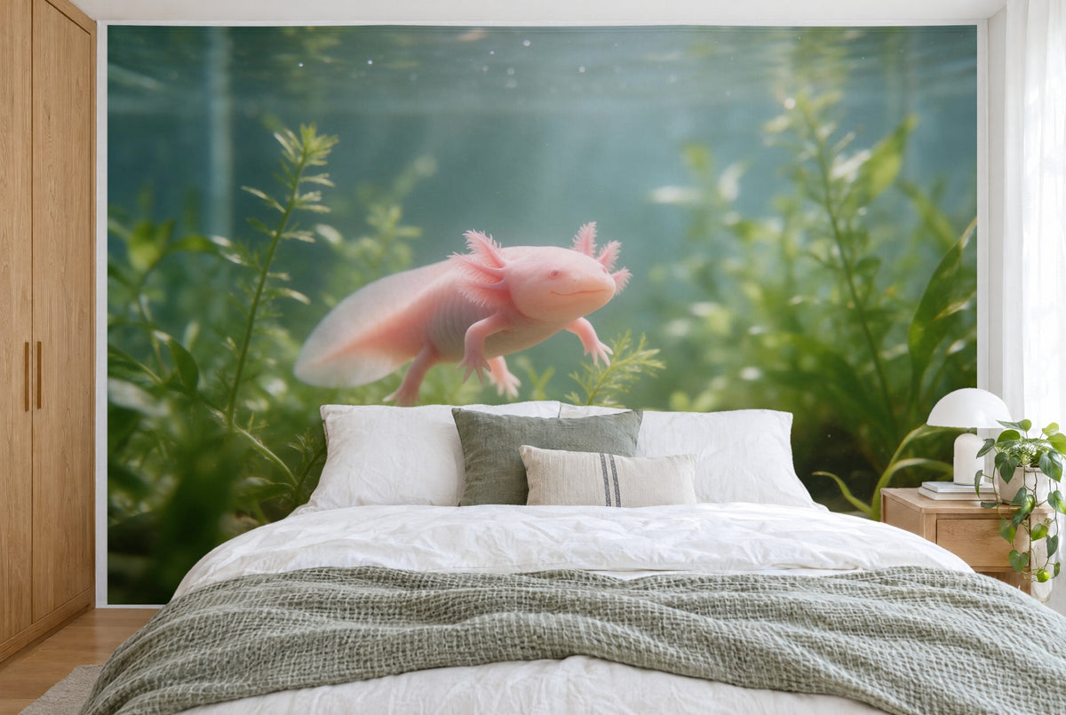 Bedruckter Stoff im XXL-Format: rosa Axolotl links der Mitte, ringsum grüne Wasserpflanzen, wandfüllend hinter dem Bett