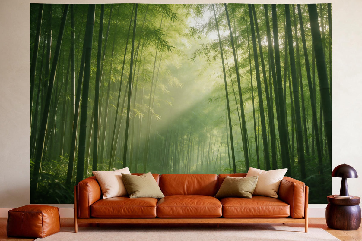 Wall decor in a cosy living room above the leather sofa: printed fabric tapestry Bamboo Forest in Morning Light