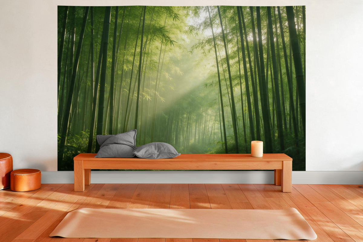 XXL wall tapestry Bamboo Forest in Morning Light as wall decor in a yoga room
