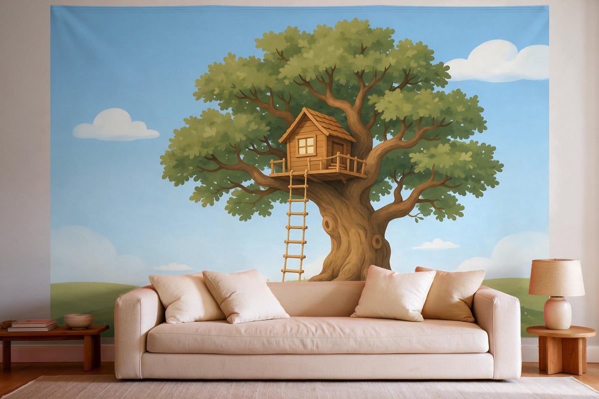 XXL wall tapestry Treehouse in the Old Oak as wall decor in a bright living room above the sofa