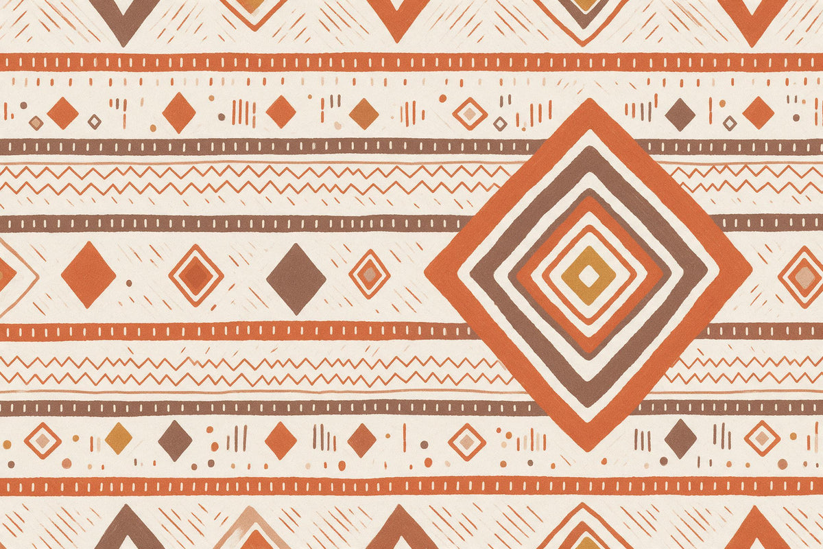 Berber pattern with a large diamond on the right, zigzag lines and stripes, tapestry printed on fabric – orange and brown