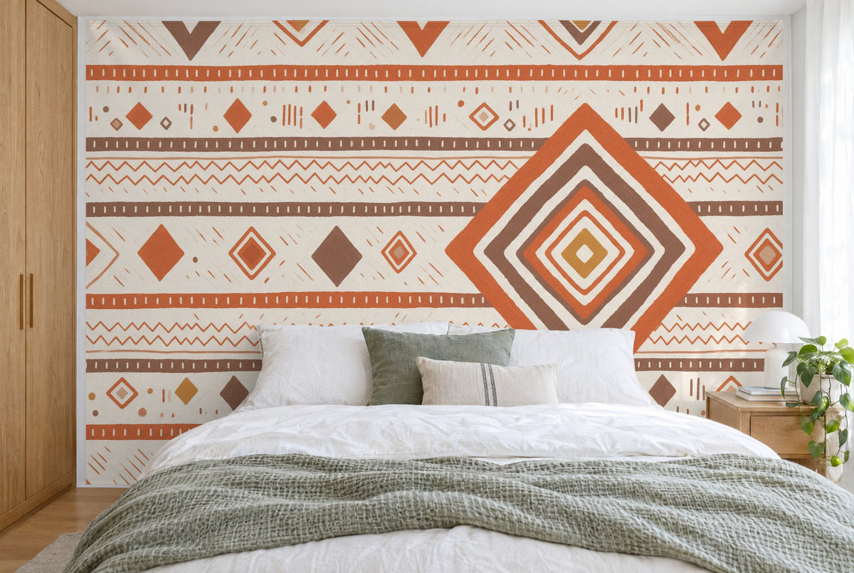 XXL printed fabric: large diamond on the right, zigzag lines and stripes in earth tones, filling the wall behind the bed
