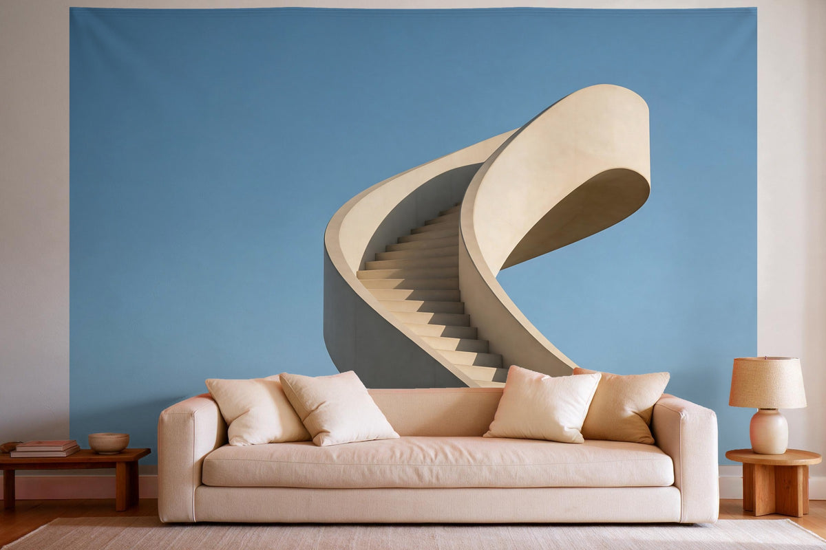 Déco murale dans un salon lumineux au-dessus du canapé : tenture murale Escalier en béton courbe, imprimée sur tissu