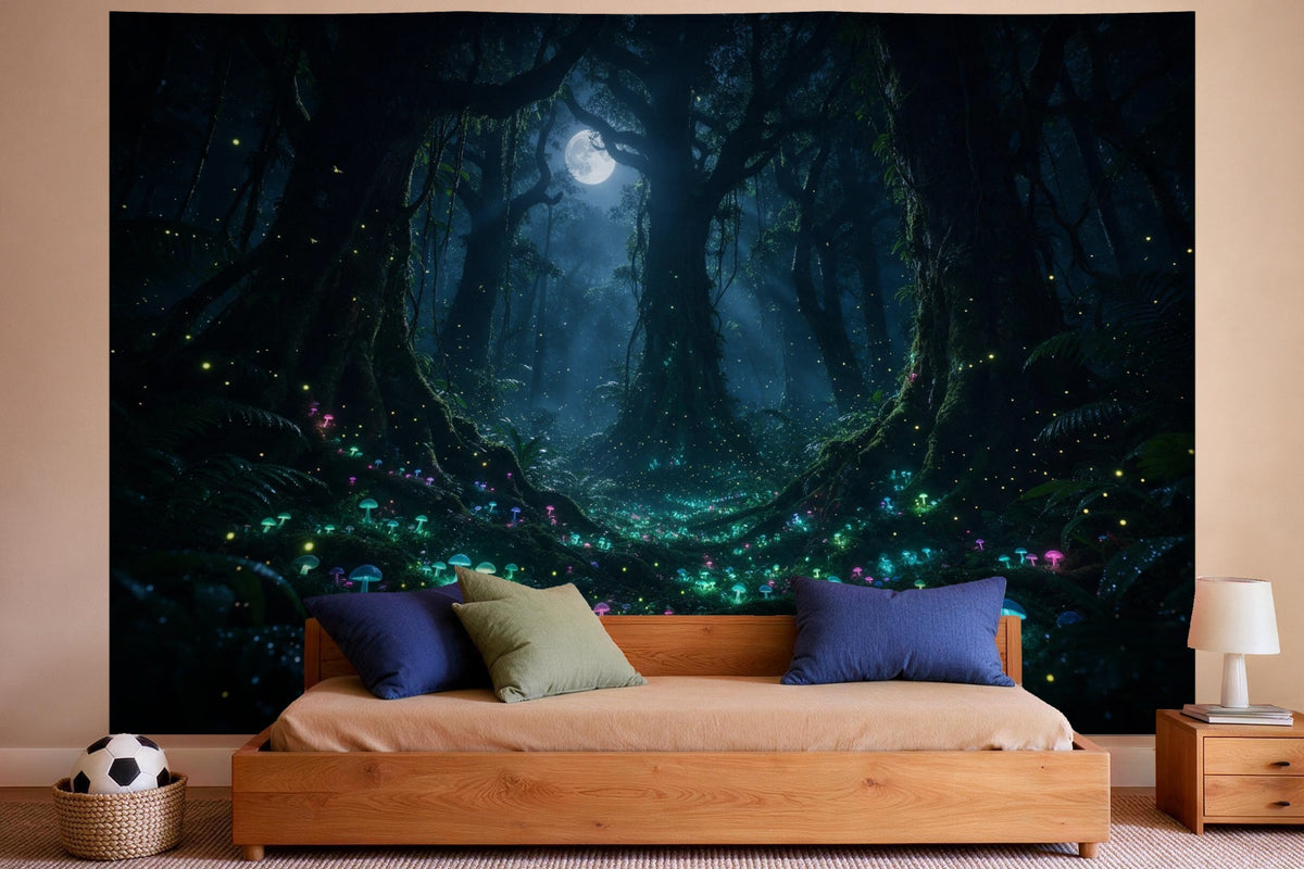 Wall decor in a boys' bedroom: printed fabric tapestry Bioluminescent Night Forest