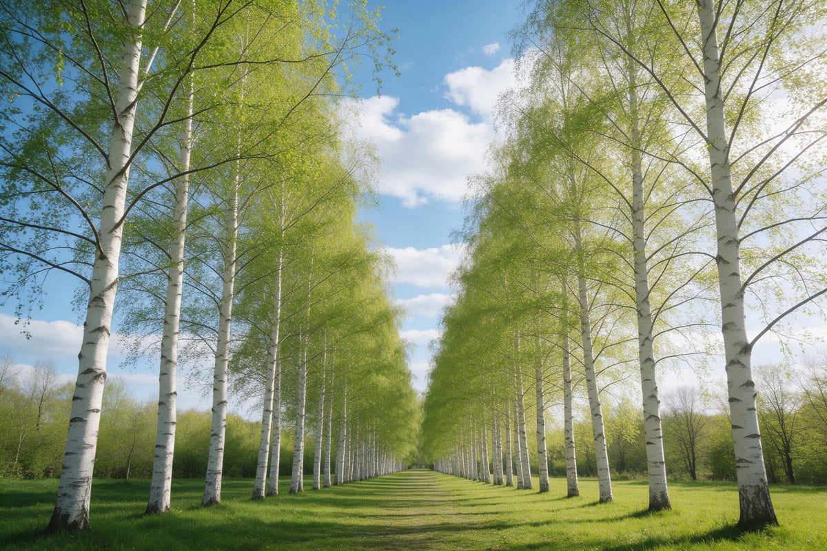 Birkenwald-Allee mit weissen Stämmen und frischem Grün unter Cumuluswolken, als Wandtuch, auf Stoff gedruckt – Grün und Blau