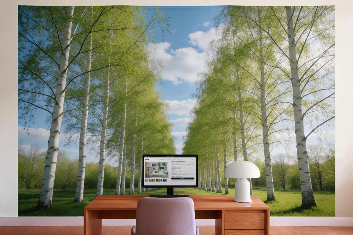 Wanddeko im Büro hinter dem Schreibtisch: Wandtuch Birkenwald im Frühling, auf Stoff gedruckt