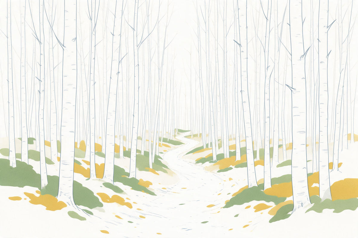 Birkenwald mit schmalem Pfad und weissen Stämmen in Line Art als Wandtuch, auf Stoff gedruckt – Weiss und Grün