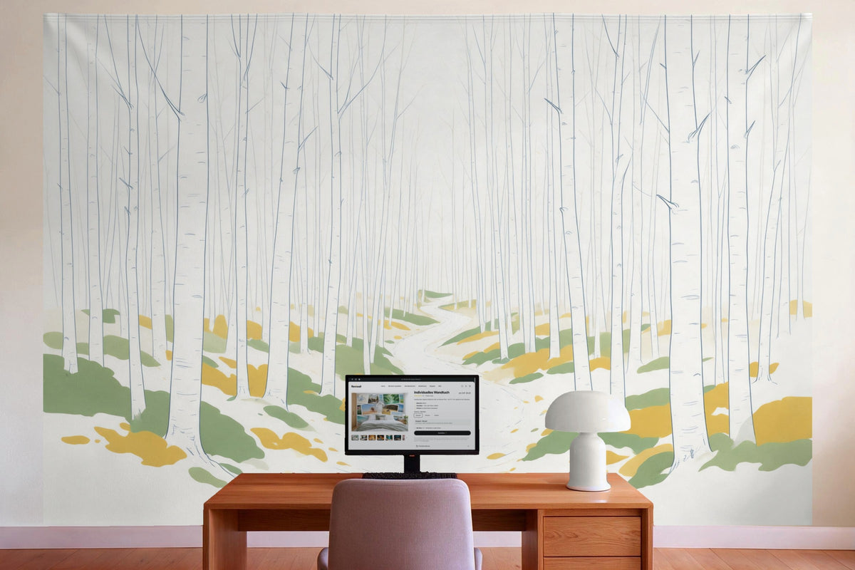 Tenture murale XXL Forêt de bouleaux en line art en déco murale dans le bureau derrière la table de travail