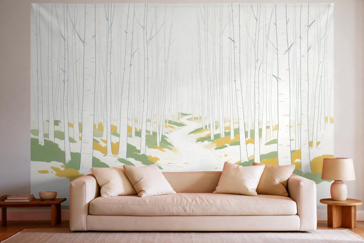 Déco murale dans un salon lumineux au-dessus du canapé : tenture murale Forêt de bouleaux en line art, imprimée sur tissu
