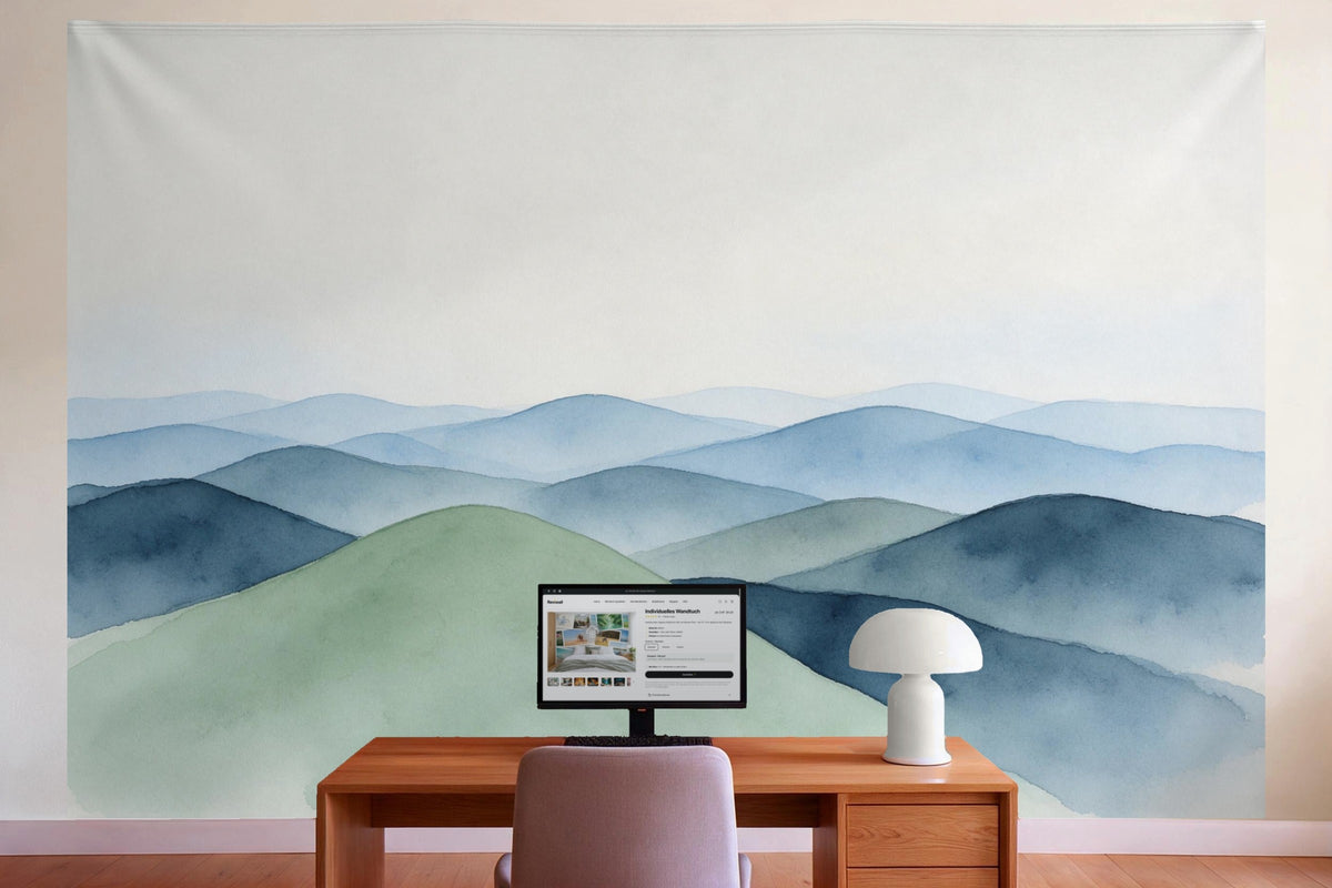 Wall decor in a home office behind the desk: printed fabric tapestry Blue Rolling Hills in Watercolor