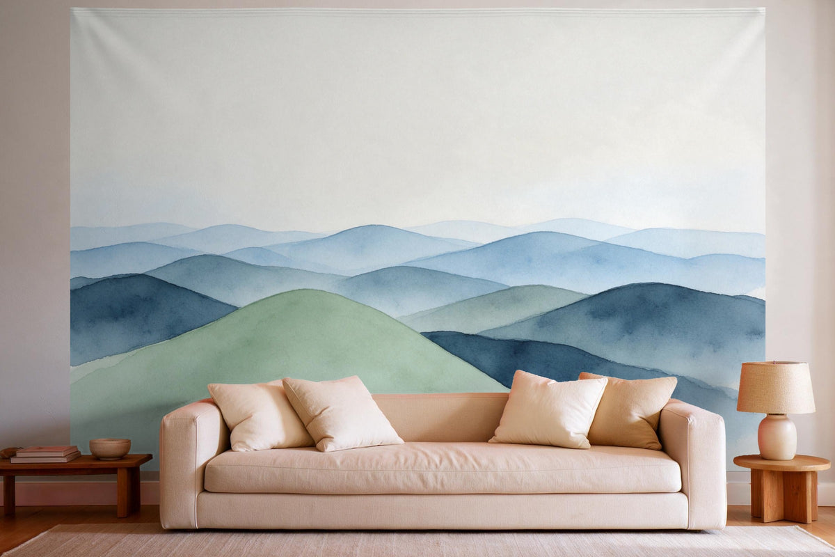 XXL wall tapestry Blue Rolling Hills in Watercolor as wall decor in a bright living room above the sofa