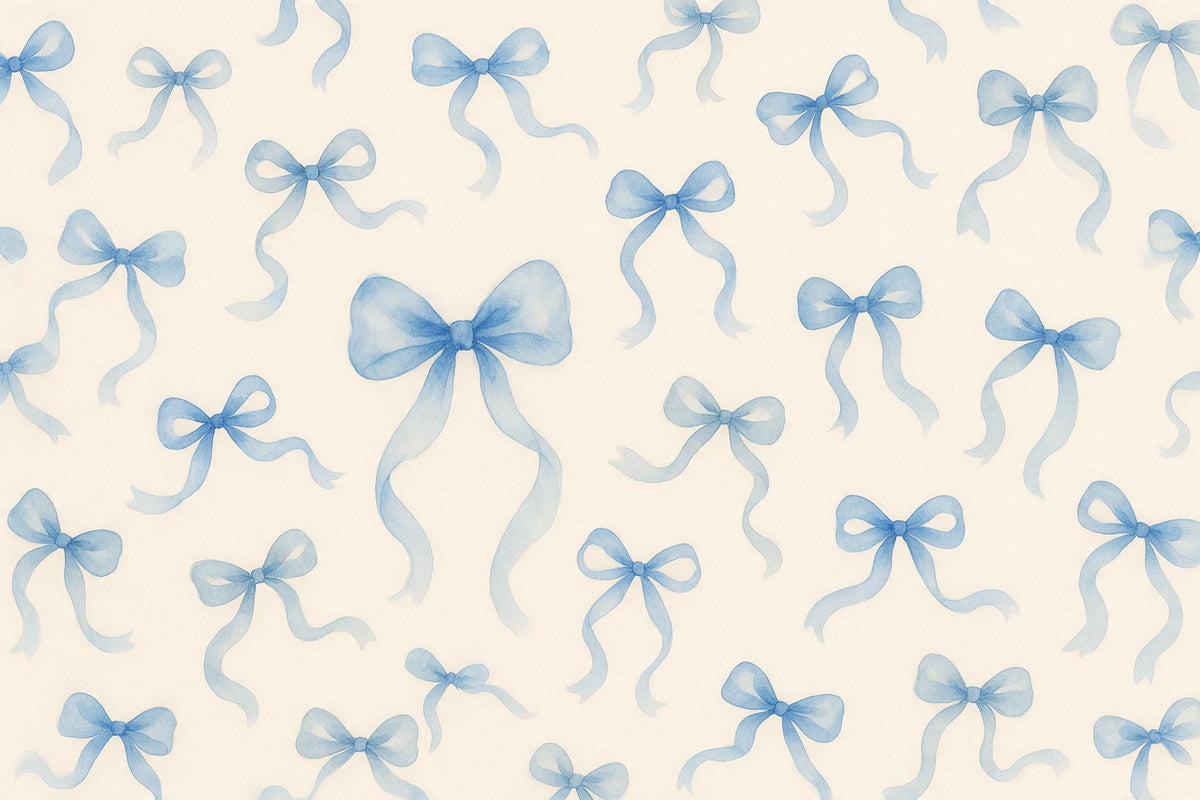 Blue bows as a watercolor pattern on cream, one larger bow on the left, tapestry printed on fabric – blue and beige