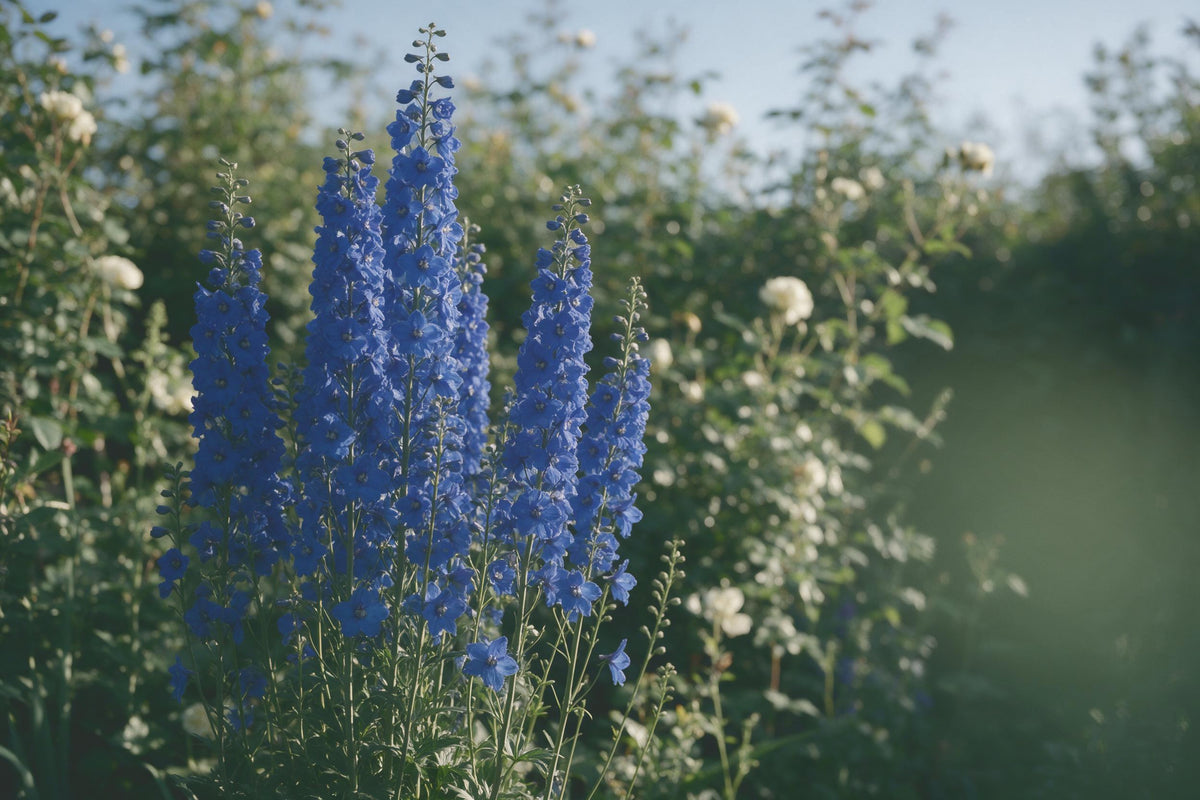 Blue delphinium spikes at left in a green cottage garden before white flowers, tapestry printed on fabric – blue and green