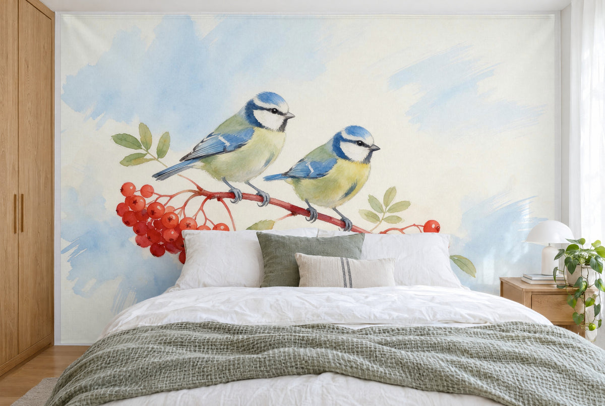 Tissu imprimé XXL : deux mésanges bleues à gauche du centre sur une branche de baies rouges, mur entier derrière le lit