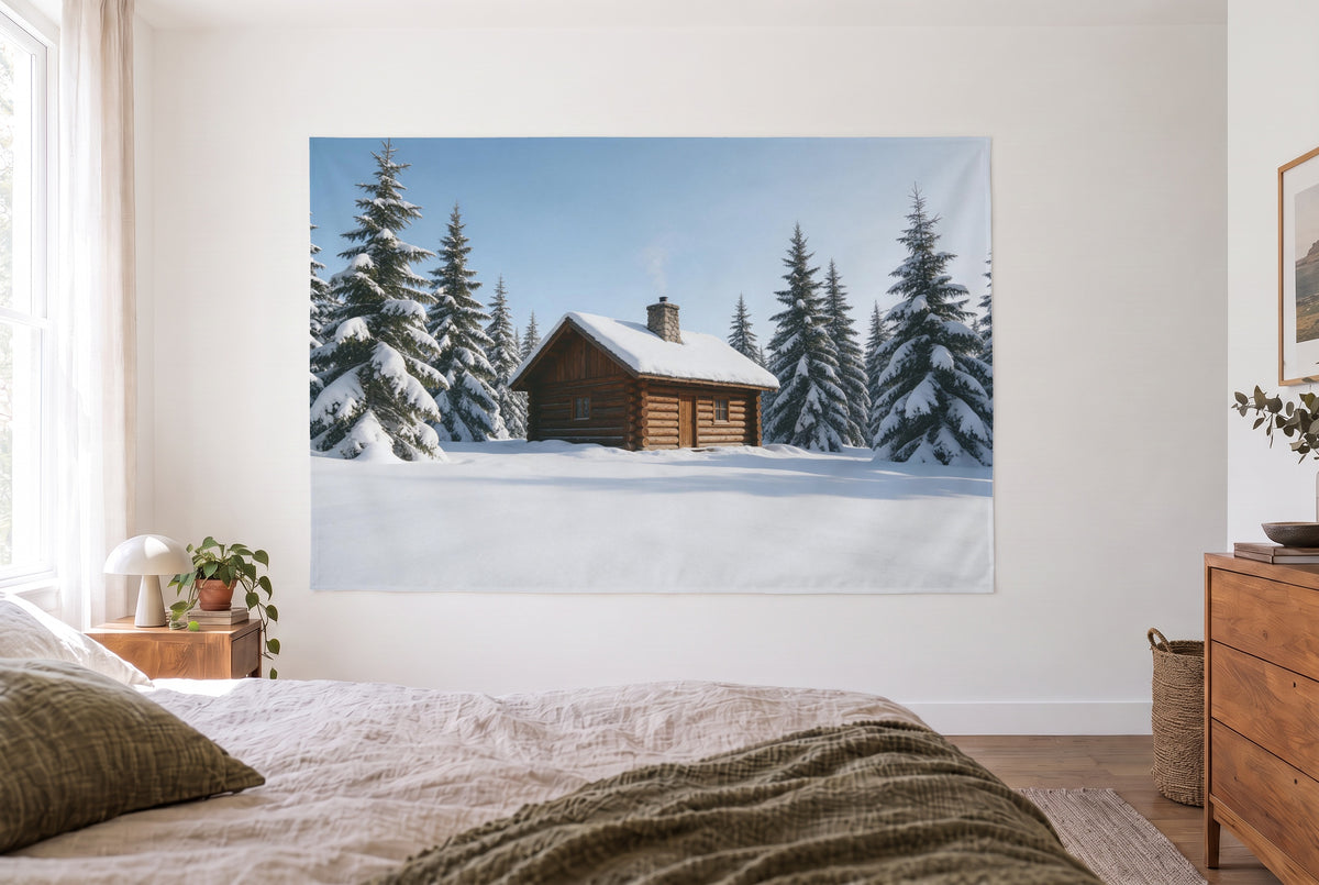 Log Cabin in the Snow tapestry in a bright bedroom opposite the bed, wooden dresser on the right – white and fir green