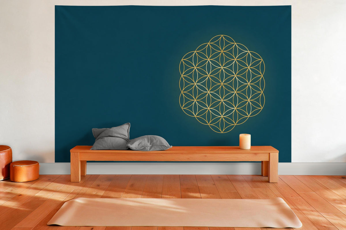 XXL wall tapestry Flower of Life in Gold and Blue as wall decor in a yoga room