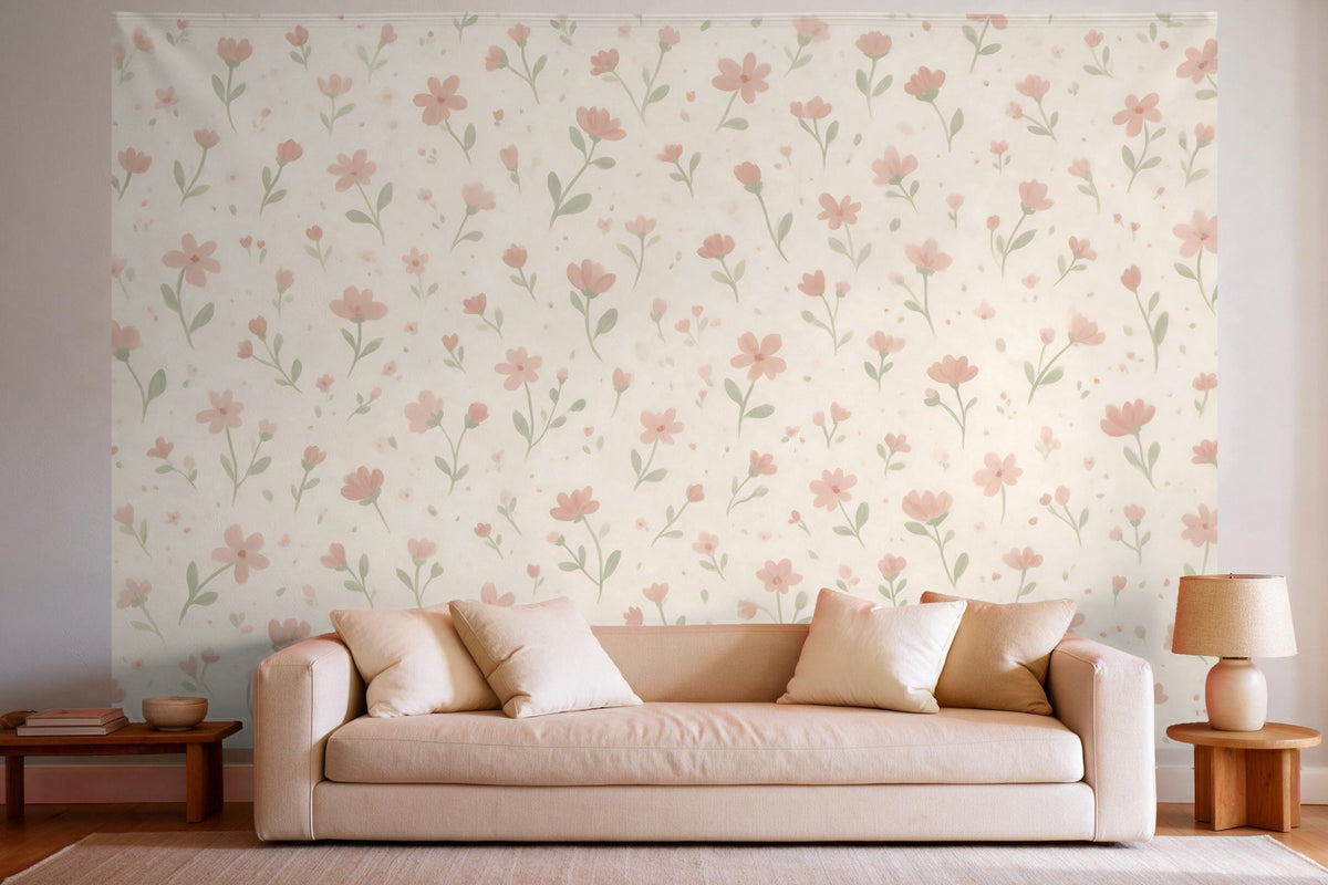 Déco murale dans un salon lumineux au-dessus du canapé : tenture murale Motif floral semé en vieux rose, imprimée sur tissu