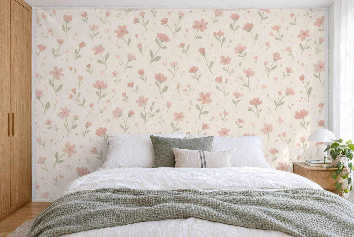 Bedruckter Stoff im XXL-Format: gestreute Wildblumen in Altrosa und Salbei auf Creme, wandfüllend hinter dem Bett