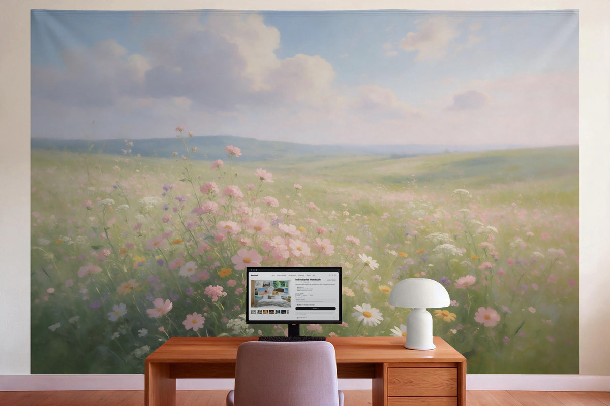 Wall decor in a home office behind the desk: printed fabric tapestry Flower Field under Summer Clouds