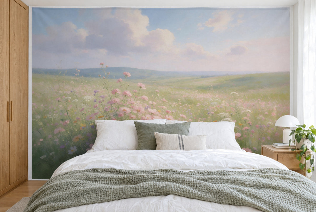 Bedruckter Stoff im XXL-Format: buntes Blumenfeld links der Mitte unter Sommerwolken, wandfüllend hinter dem Bett