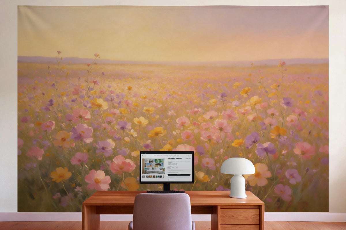 Wall decor in a home office behind the desk: printed fabric tapestry Flower Meadow in Evening Light
