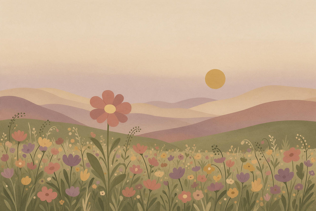 Prairie fleurie boho avec haute fleur rose et soleil du soir, tenture murale imprimée sur tissu – rose et jaune