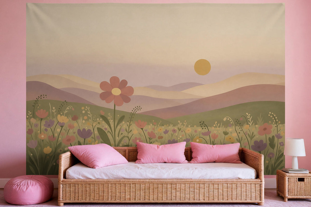 Tapiz de pared XXL Pradera de flores estilo boho como decoración en un dormitorio de niña