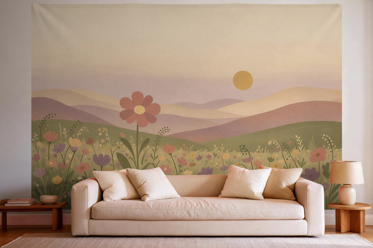 Decoración de pared en un salón luminoso sobre el sofá: tapiz de tela Pradera de flores estilo boho