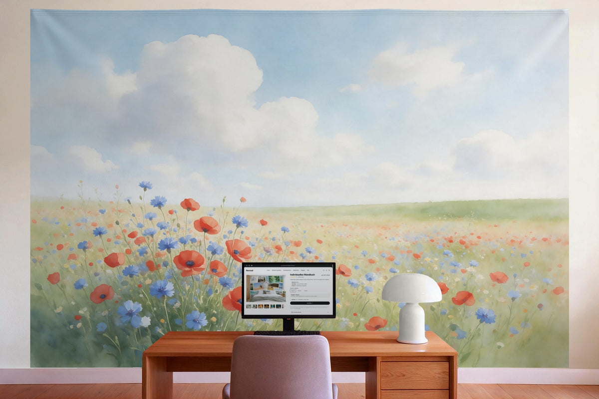 Déco murale dans le bureau derrière la table de travail : tenture murale Prairie fleurie aux coquelicots et centaurées, imprimée sur tissu