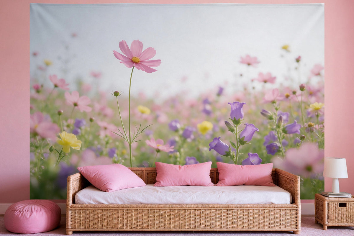 Tapiz de pared XXL Prado de flores en rosa y violeta como decoración en un dormitorio de niña