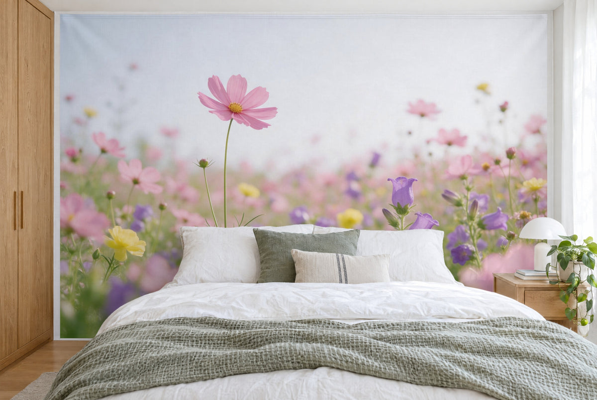 Bedruckter Stoff im XXL-Format: hohe pinke Kosmee links der Mitte, rechts violette Glockenblumen, wandfüllend hinter dem Bett