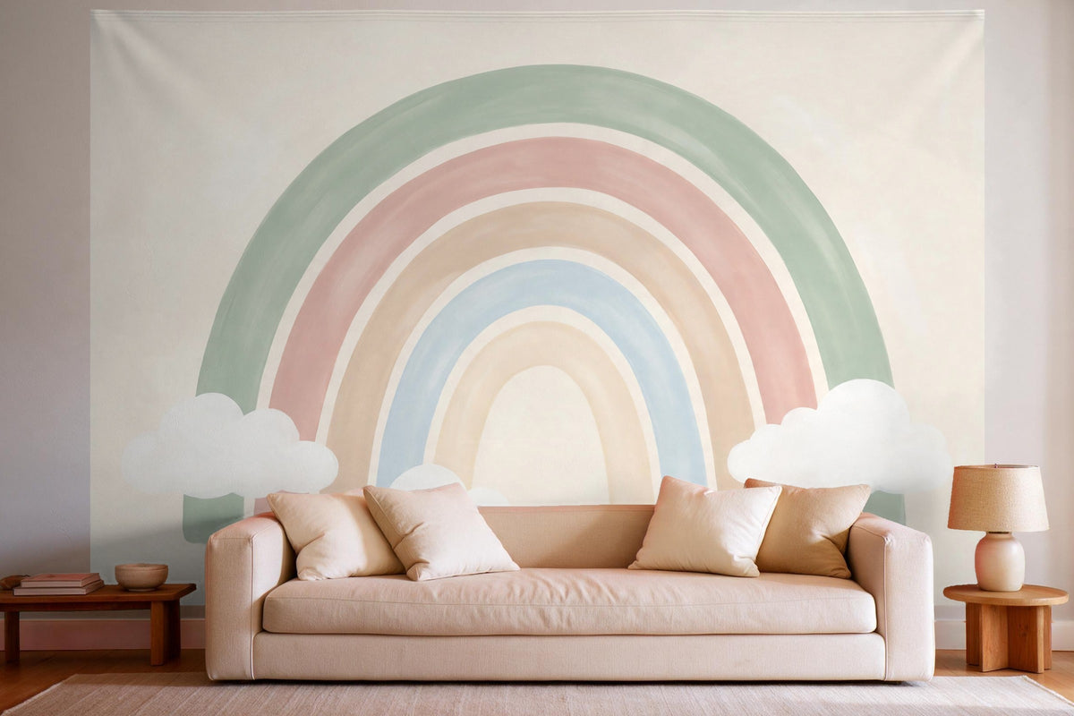 Wanddeko im hellen Wohnzimmer über dem Sofa: Wandtuch Boho-Regenbogen mit Wolken, auf Stoff gedruckt