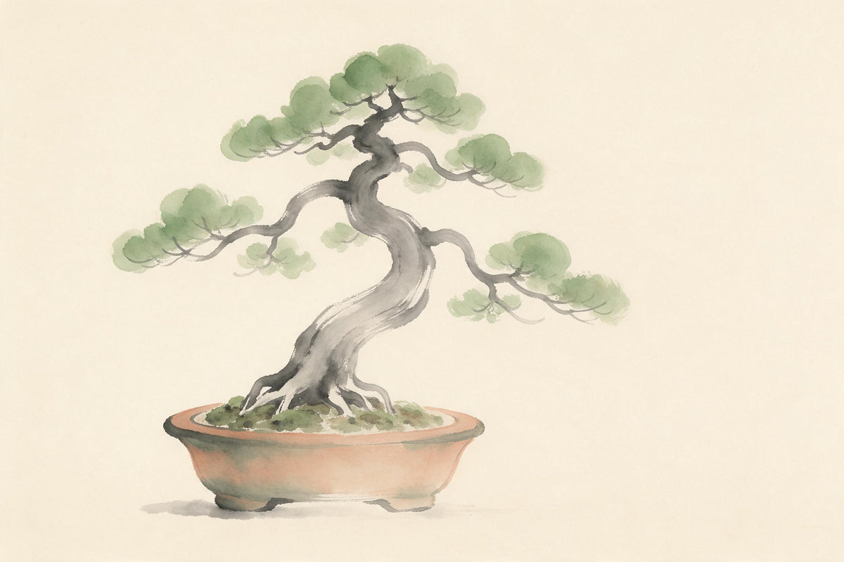 Wacholder-Bonsai mit knorrigem Stamm in Terrakotta-Schale links, als Wandtuch, auf Stoff gedruckt – Grau und Moosgrün