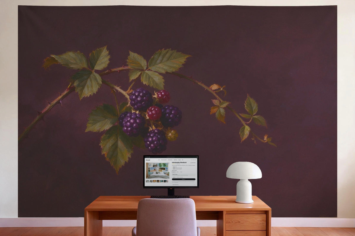 Decoración de pared en la oficina detrás del escritorio: tapiz de tela Rama de moras con bayas maduras
