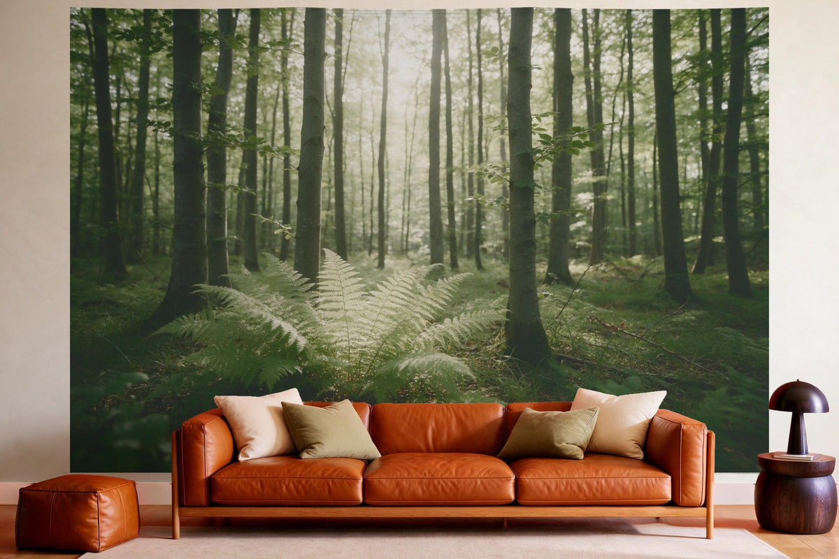 XXL wall tapestry Beech Forest with Ferns as wall decor in a cosy living room above the leather sofa