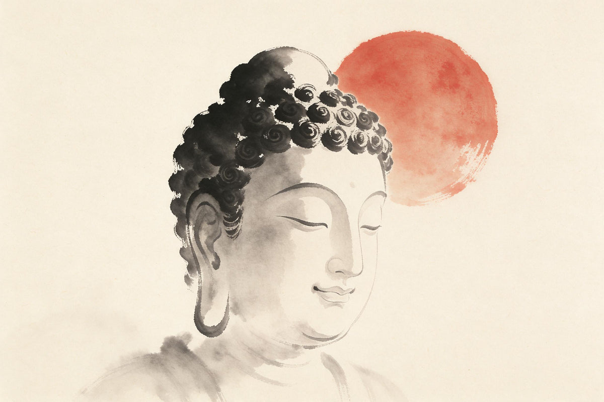 Tête de Bouddha aux yeux fermés à l'encre grise devant un soleil rouge, tenture murale imprimée sur tissu – noir et rouge